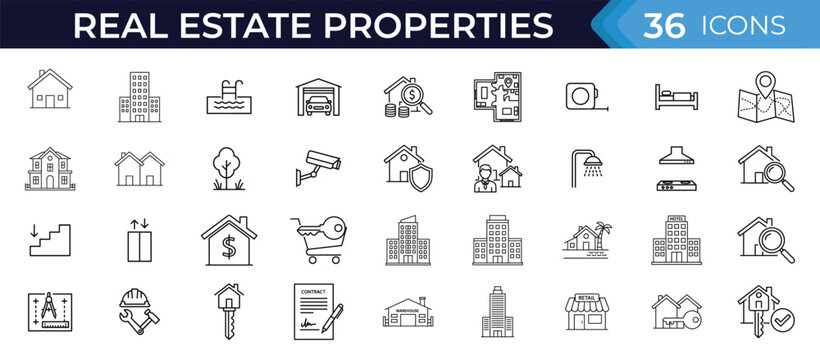 Realestate outline icon set. Property, building, architecture, urban, house, apartment, skyscraper, investment, business, finance outline vector illustration