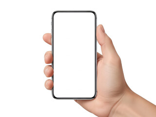 Hand holding smartphone, isolated on transparent background