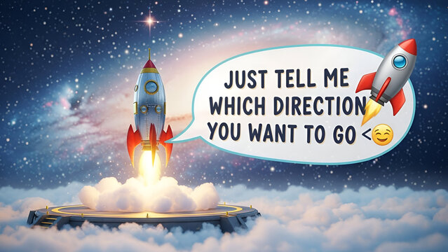 Digital illustration of a rocket launching into space with a speech bubble against a starry night sky with clouds and a cartoonish style conveying a sense of adventure and guidance. - Powered by Adobe