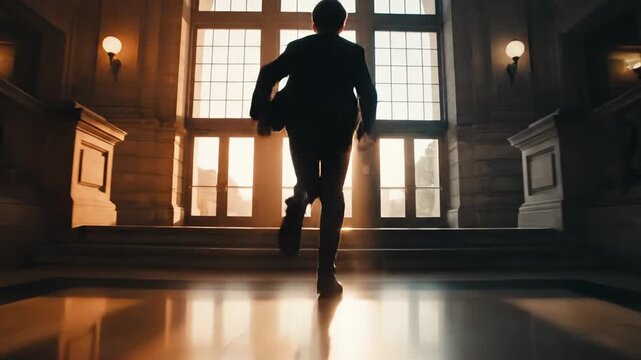 Student rushing down marble hallway towards bright light future