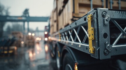Medium shot of a collapsible trailer with sharp focus on its folding frame showcasing adaptability as the blurred background highlights outdoor loading activity.