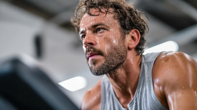 A man sweats profusely as he intensely works out on a stationary bicycle in a gym.