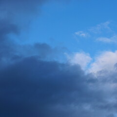 Calm blue sky with clouds of different shapes, background image
