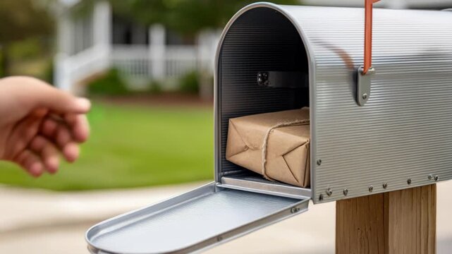 A person's hand places a small brown package tied with twine into a silver mailbox.