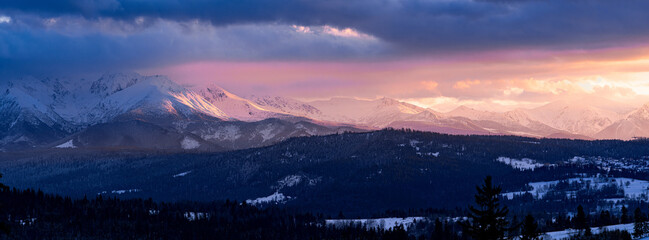 panorama winter Tatra sunset over the Tatra Mountains