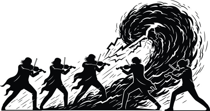 Silhouetted violinists performing before swirling vortex and lightning, black and white illustration, dramatic energy, music power symbolism