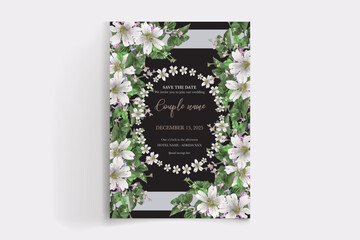 WEDDING INVITATION FRAME WITH FLOWER DECORATIONS AND FRESH LEAVES