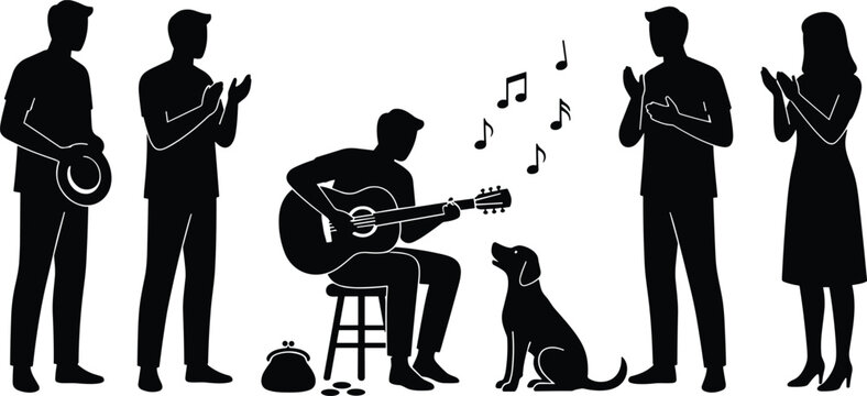 Street musician playing guitar, surrounded by audience and dog, black silhouette illustration of public performance, music, and community interaction
