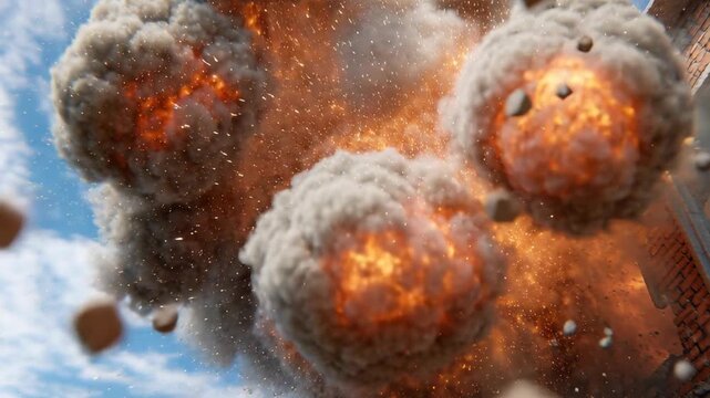 A dramatic explosion engulfs a building, with debris and smoke filling the sky.