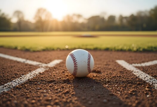 A classic baseball sits on the infield dirt as the golden sun rises over the field. basball