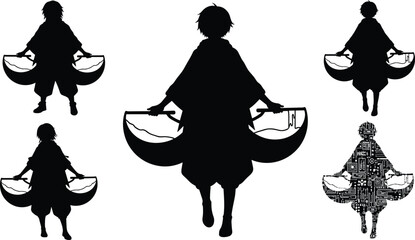 Stylized silhouettes with crescent objects, robe-clad character variations, digital and abstract design, symbolic transformation concept, fantasy illustration sequence