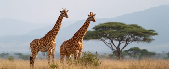 Elegant giraffes gracefully nibble on tender acacia leaves in the sprawling african savanna.