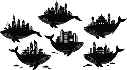 Obraz premium Stylized whale silhouettes carrying cityscapes, surreal nature and urban fusion, fantasy concept illustration, symbolic harmony of civilization and ocean