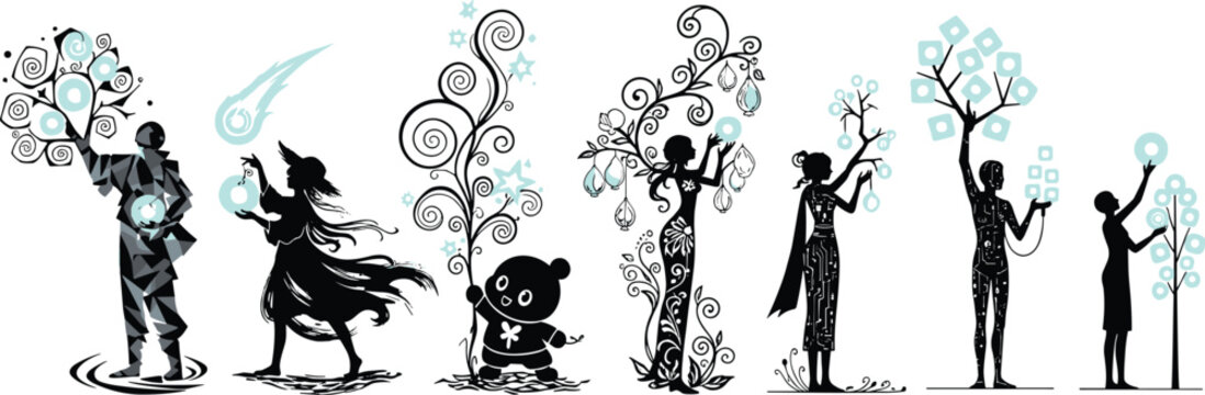 Stylized silhouettes interacting with magical trees, abstract circular elements, whimsical forest concept, symbolic growth and transformation illustration