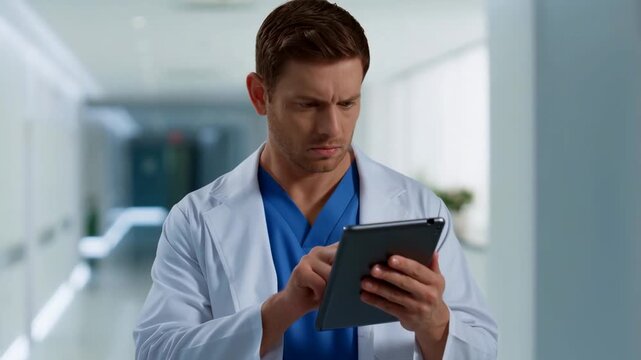 Doctor reviews patient data on tablet in hospital corridor for efficient medical diagnosis