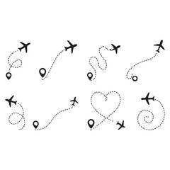 Airplane route icons set flight path dotted line vector