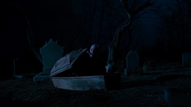 Mysterious vampire awakening from gothic coffin in dark cemetery at night