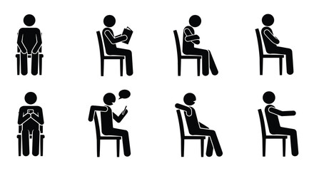 Diverse postures of people seated on chairs depicted as simple black silhouettes