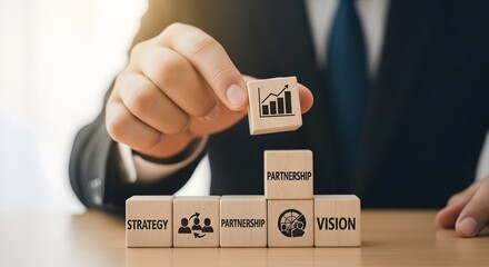 Businessman building success strategy with wooden blocks