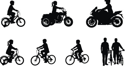 Silhouettes of people riding bicycles and motorcycles in various poses