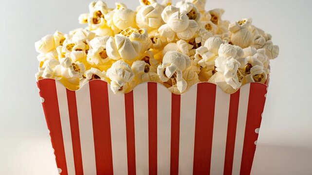 Video A red and white striped box filled with fluffy popcorn, ideal for movie nights or snack time