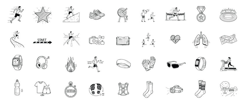 Running doodle icon set. Sport, runner, marathon, race, fitness, training, health, endurance, speed, exercise outline vector illustration