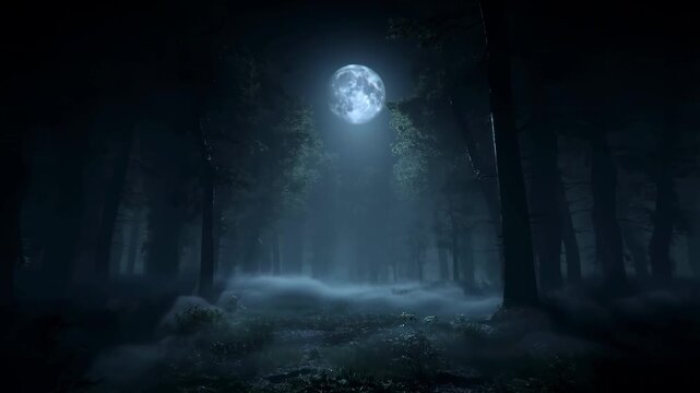 Mystical moonlight illuminates enchanted forest in gentle fog unveiling nocturnal serenity
