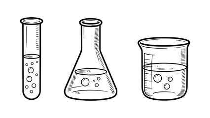 Laboratory glassware with liquids and bubbles