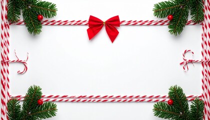 Marco rectangular navideño hecho de cuerda trenzada roja y blanca, con lazo rojo superior, aislado sobre fondo blanco.