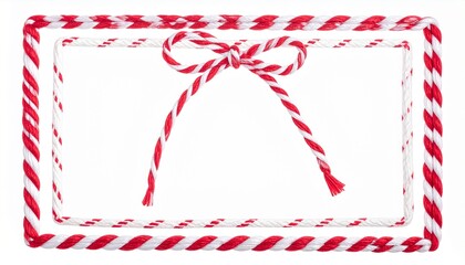 Fototapeta premium Marco rectangular navideño hecho de cuerda trenzada roja y blanca, con lazo rojo superior, aislado sobre fondo blanco.