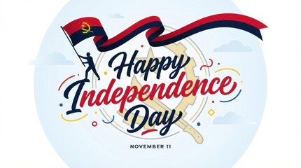 angola flag for independence day on white background with waving ribbon flag and date