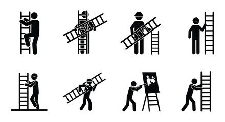 Fototapeta premium Construction workers depicted using ladders in various positions and scenarios