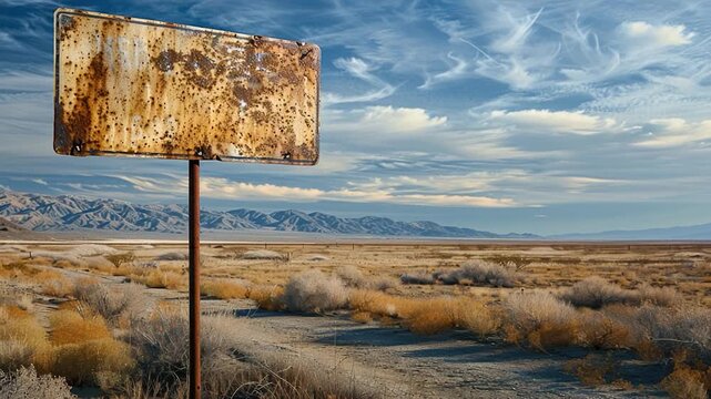 Video A weathered sign stands alone in the arid landscape, with nothing but sand and rock stretching out to the horizon
