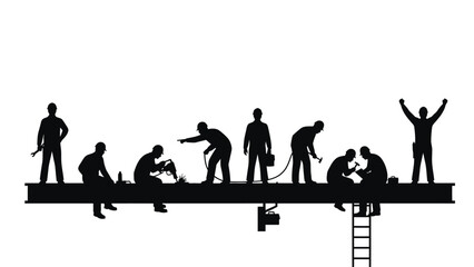 Workers on construction site in various work poses