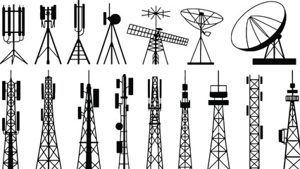 Various communication towers and satellite dishes in black silhouette