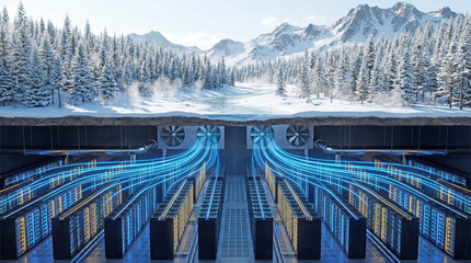 3D Cross-Section Render of Underground Data Center in Snowy Mountains Using Natural Air Cooling System

