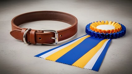 Brown leather dog collar and a blue and yellow award ribbon