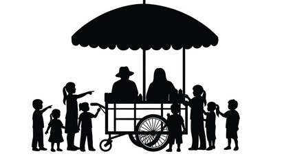 Children gather around a food cart with adults