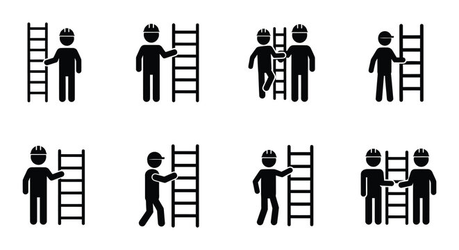 Construction workers depicted using ladders in various positions and scenarios
