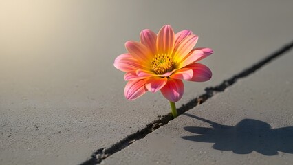 A delicate pink and orange flower growing through a crack in concrete