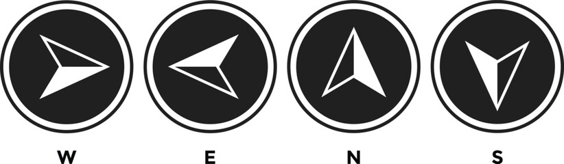 Compass icon set. West, north, east, south arrow. Navigation arrow graphic design. Directional pointer symbols. Map and wayfinding design elements  © Sultana Design