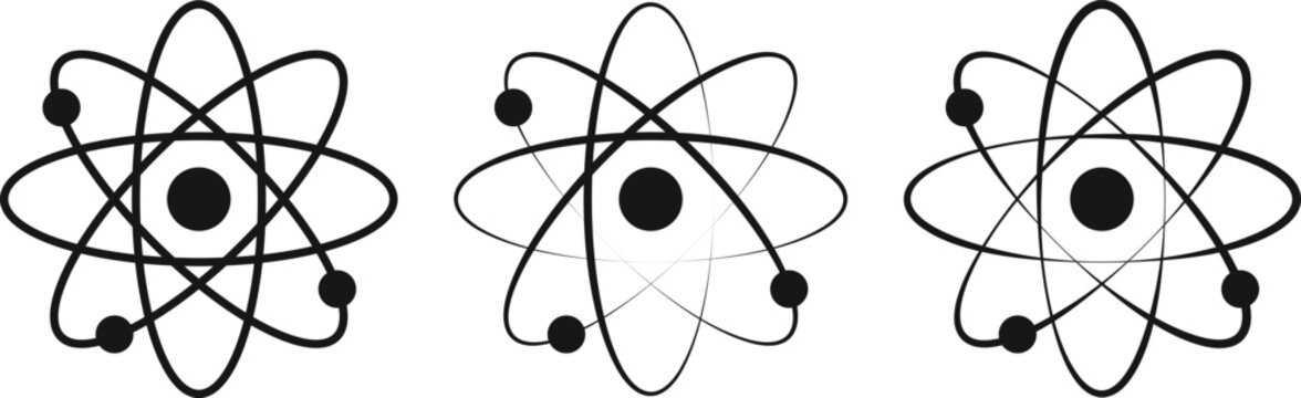 atom icon set. Atomic structure symbols. Nuclear energy graphic design. Laboratory research and education signs
