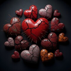 Broken hearts with pins depicting pain love and emotional distress