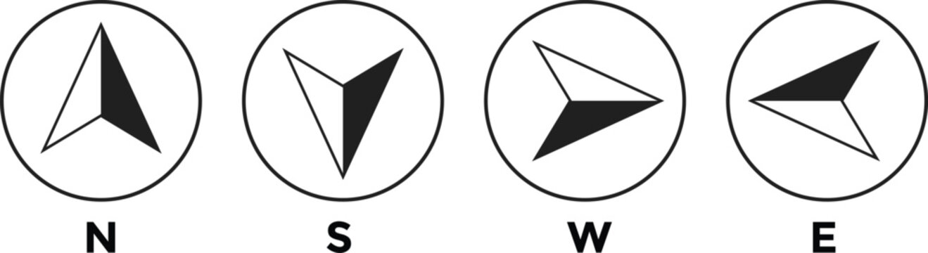 Compass icon set. West, north, east, south arrow. Navigation arrow graphic design. Directional pointer symbols. Map and wayfinding design elements
