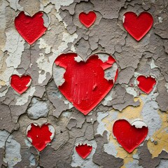 Red hearts affixed to a crumbling weathered gray and white textured wall