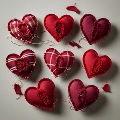 A collection of handmade red and patterned fabric hearts with visible stitching