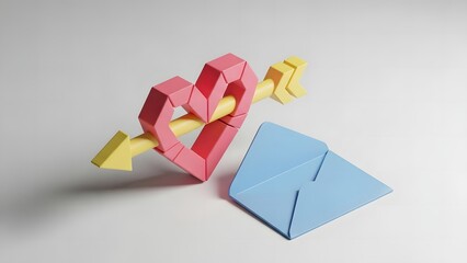 A fractured heart pierced by an arrow with a folded paper note