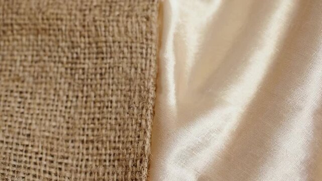 Close Up Texture Of Rough Burlap Fabric Next To Smooth Cream Silk Material With Soft Lighting Creating Contrast