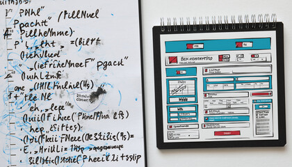 Creative UIUX design process captured in a notebook, featuring handwritten programming notes and a structured website wireframe. Ideal for tech development and app planning projects.