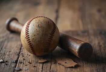 An old, worn baseball and a wooden bat evoke nostalgic memories of america's favorite pastime. basball